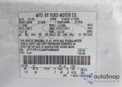 2006 Ford Ranger Sport/Xl/Xlt z USA, uszkodzony, nr VIN 1FTYR11U26PA88405